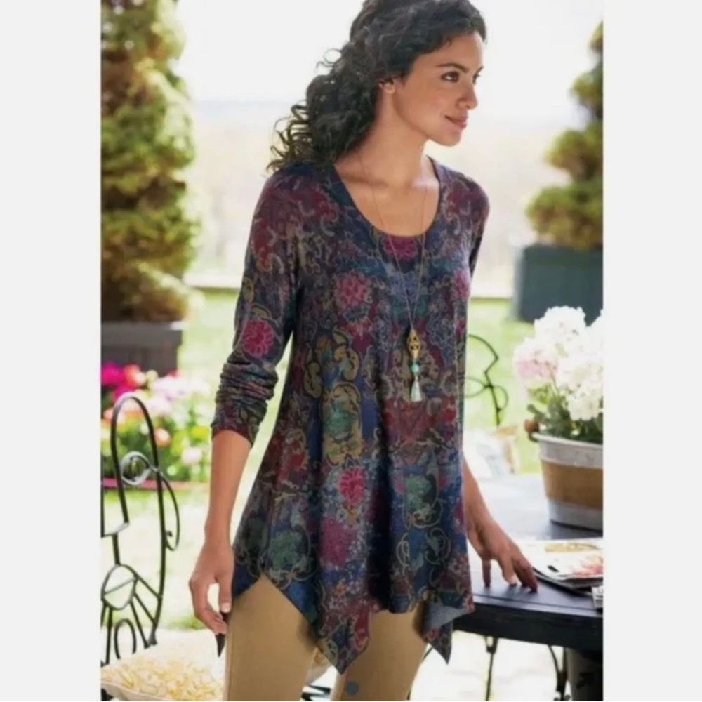 Soft Surroundings Top High Low Asymmetric Hem Tunic Paisley Floral S